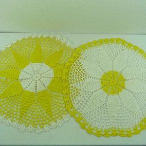Vintage Crocheted Doily Handmade Yellow White Round 13" Lot of 2